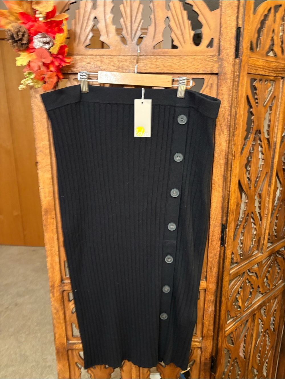 Boden Black Ribbed Button-Front Pencil Skirt